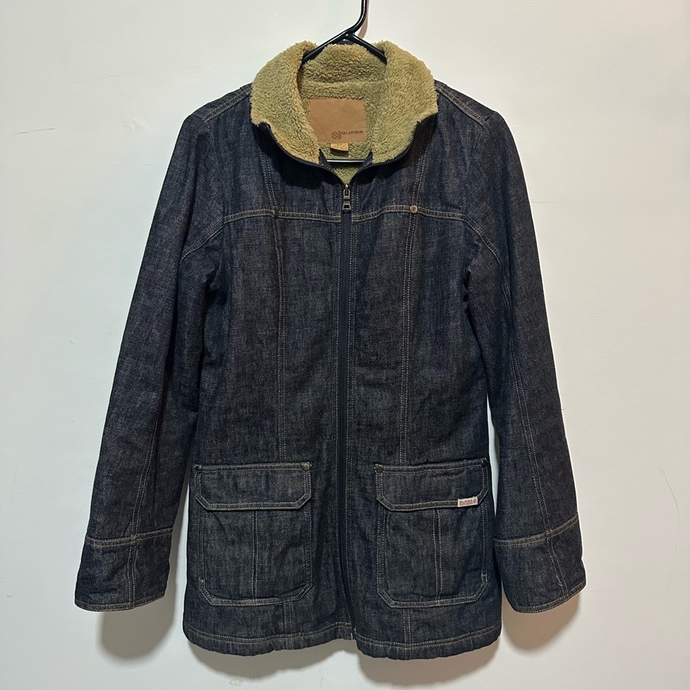 VTG Guess -Dark Blue Denim Fur Lined Winter Jacket Coat-Size S